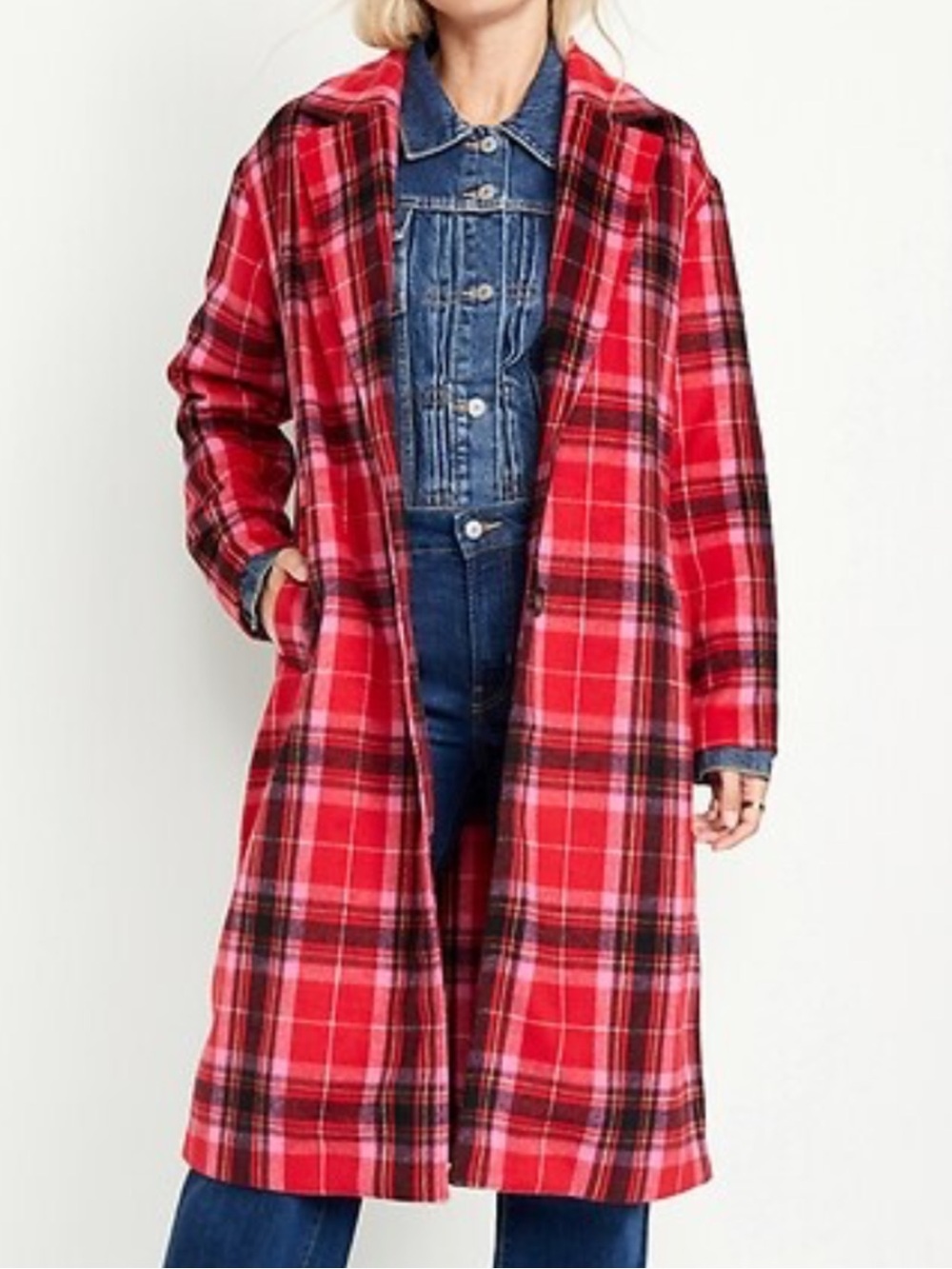Old Navy Long Soft Brushed Red Pink Tartan Plaid Overcoat XL